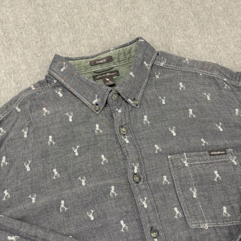 Eddie Bauer Mens XL Classic Fit Grey Deer Antler Print Cotton Button Down Shirt